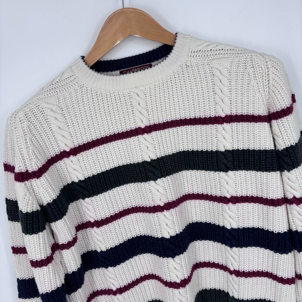 Vintage Cambridge Bay Cable Knit Striped Crewneck Sweater Mens XL Cotton Cream